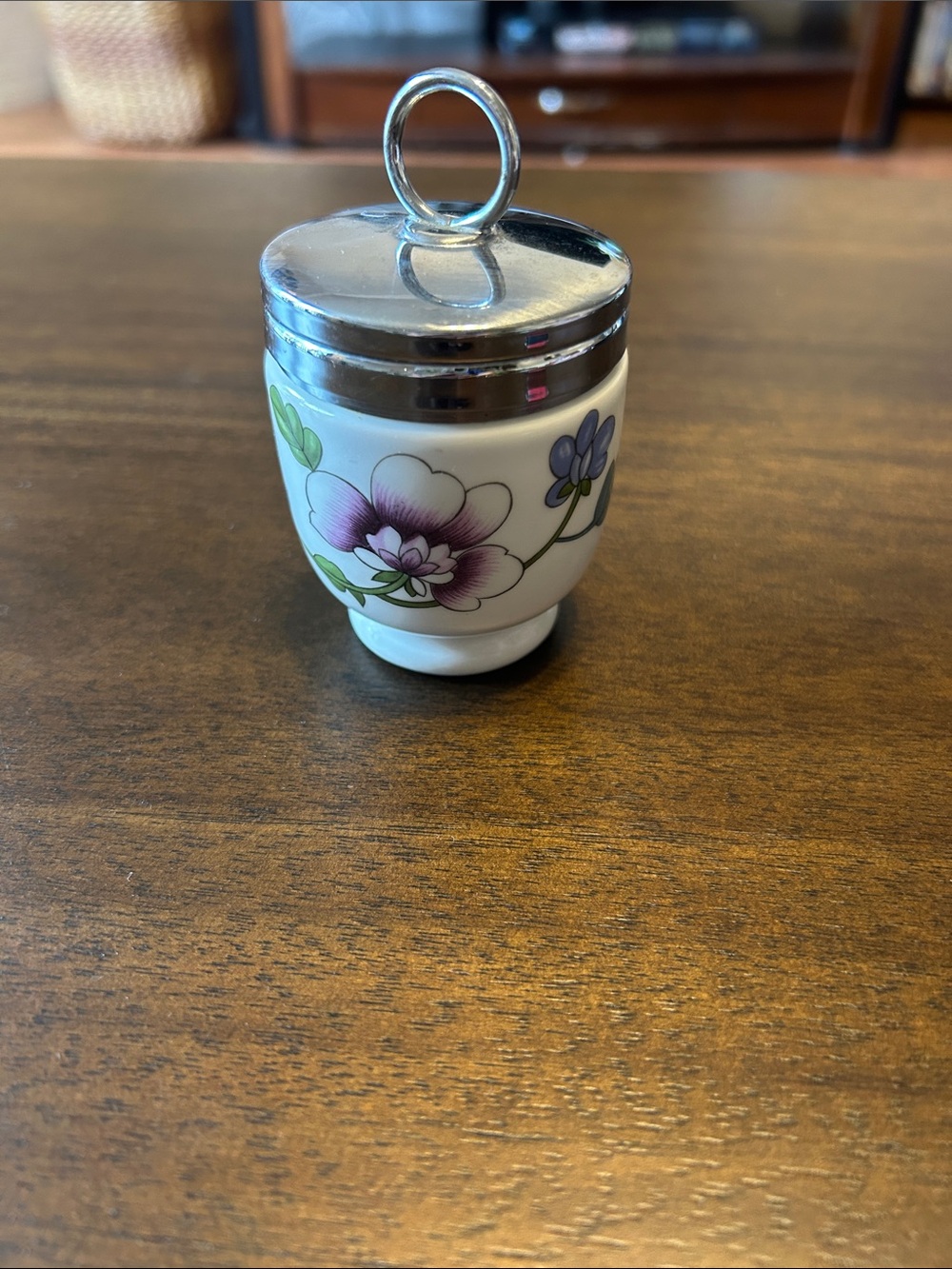 Royal Worcester Porcelain Egg Coddler with Purple Floral and Silver Lid
